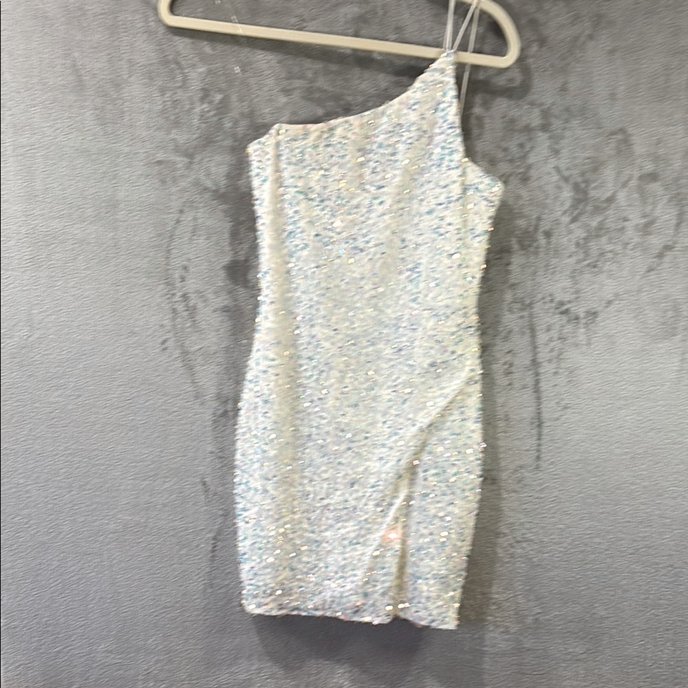 Beautiful White Sequin Sparkly Stretchy One Shoulder Dress Sz M Club Rave Party